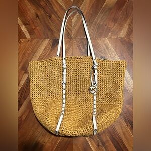 Michael Kors Beach Natural Straw Studded Leather Straps/Handle Tote Shoulder Bag